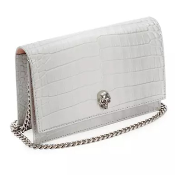 Alexander McQueen Skull Croc-Embossed Leather Chain Crossbody Light Gray - Picture 2 of 12
